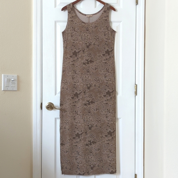Susan Lawrence 90's Vintage Floral Paisley Sleeveless Midi Shift Dress Tan M - Picture 1 of 12